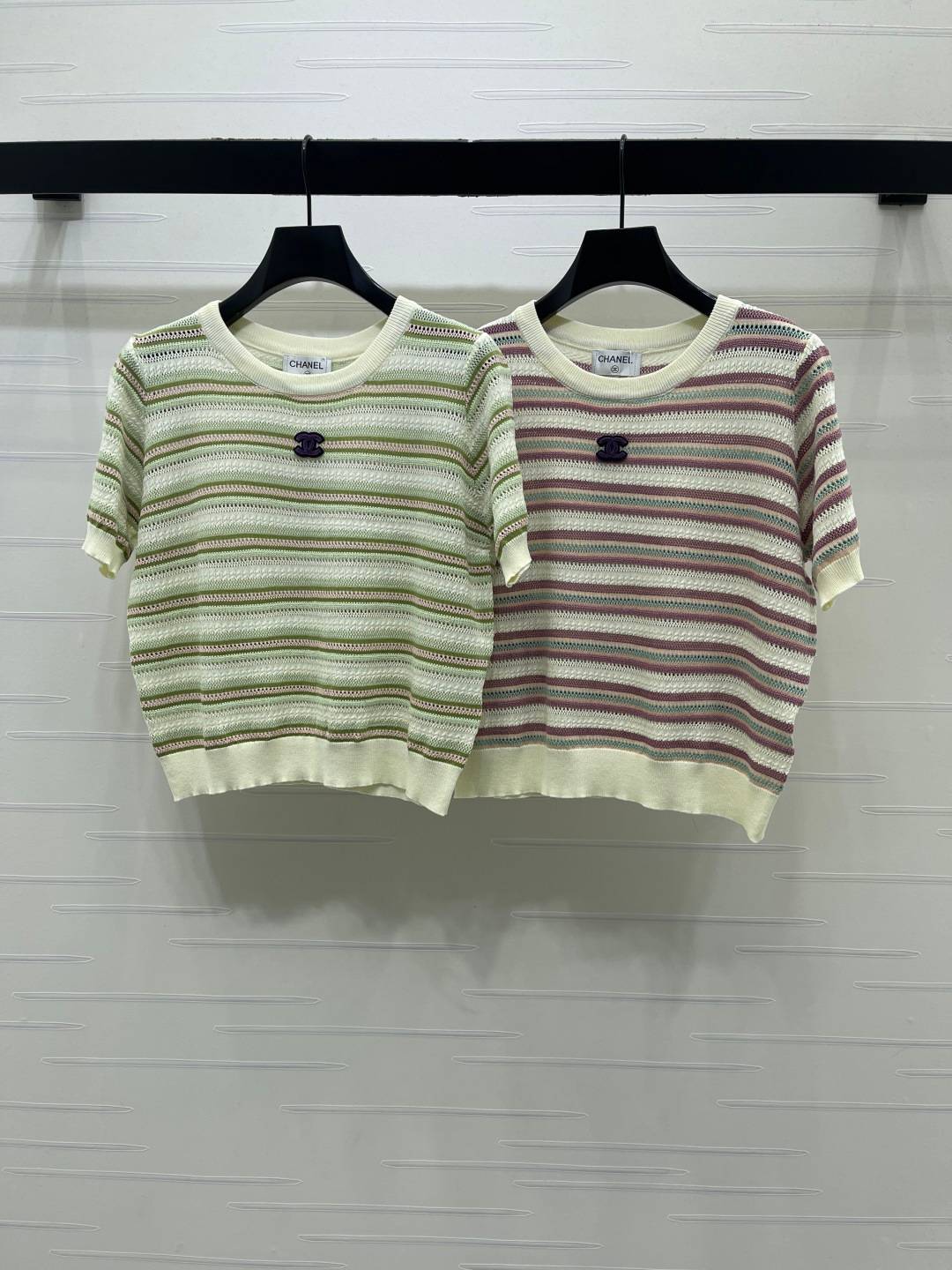 CHANEL シャネル ニット 半袖 クルーネック ストライプ グリーン パープル