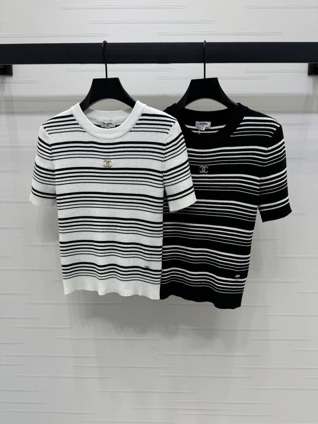 CHANEL シャネル リブニット 半袖 クルーネック レディース ホワイト ブラック