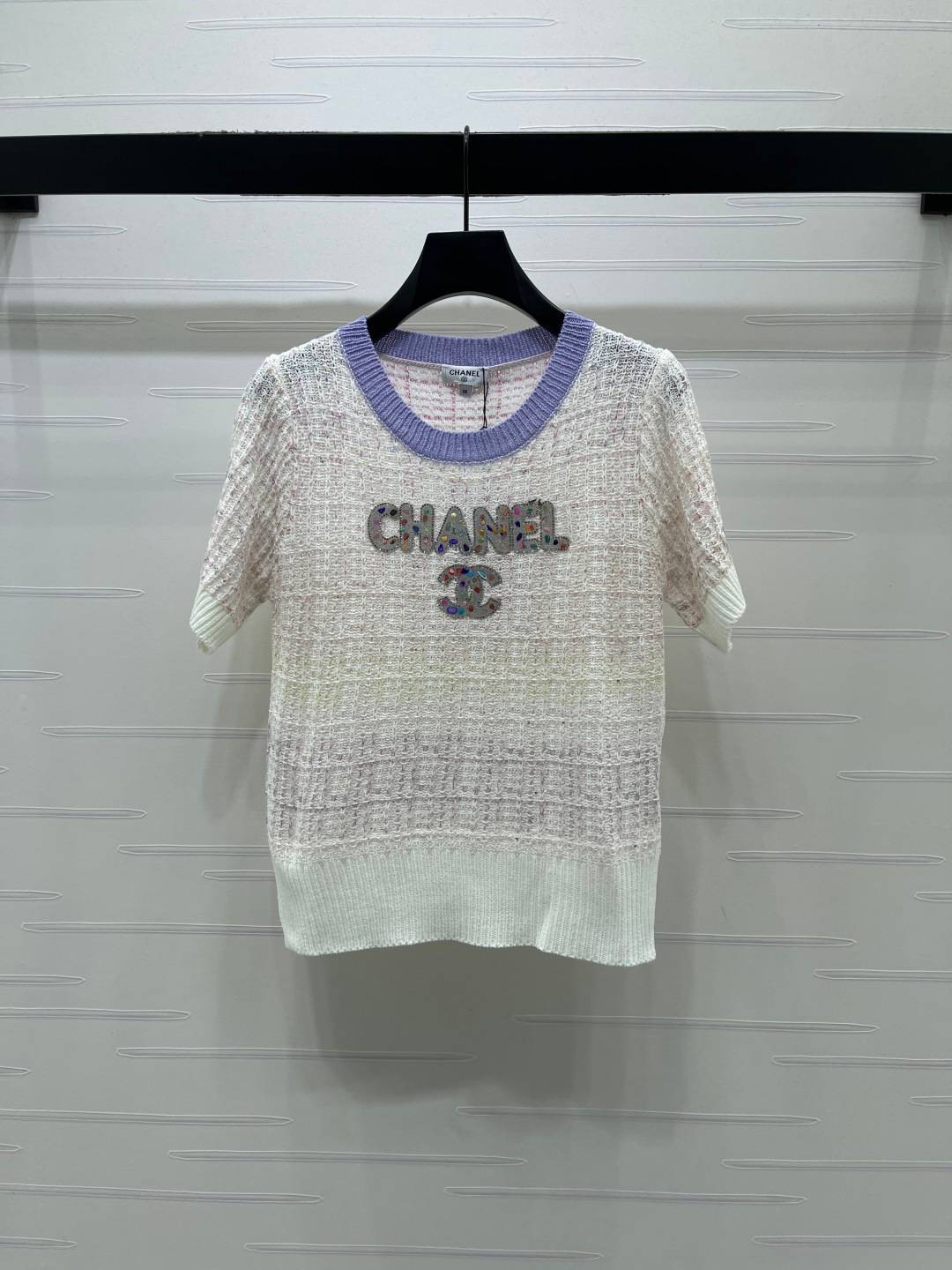 CHANEL シャネル ニットカーディガン 半袖 クルーネック マカロン