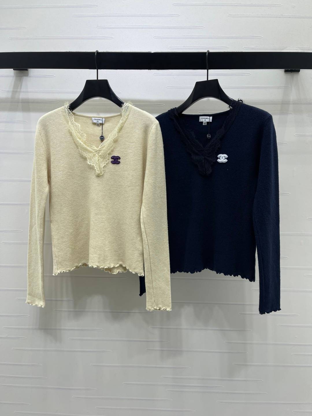 CHANEL シャネル ニット Vネック レース 長袖 ベージュ ネイビー