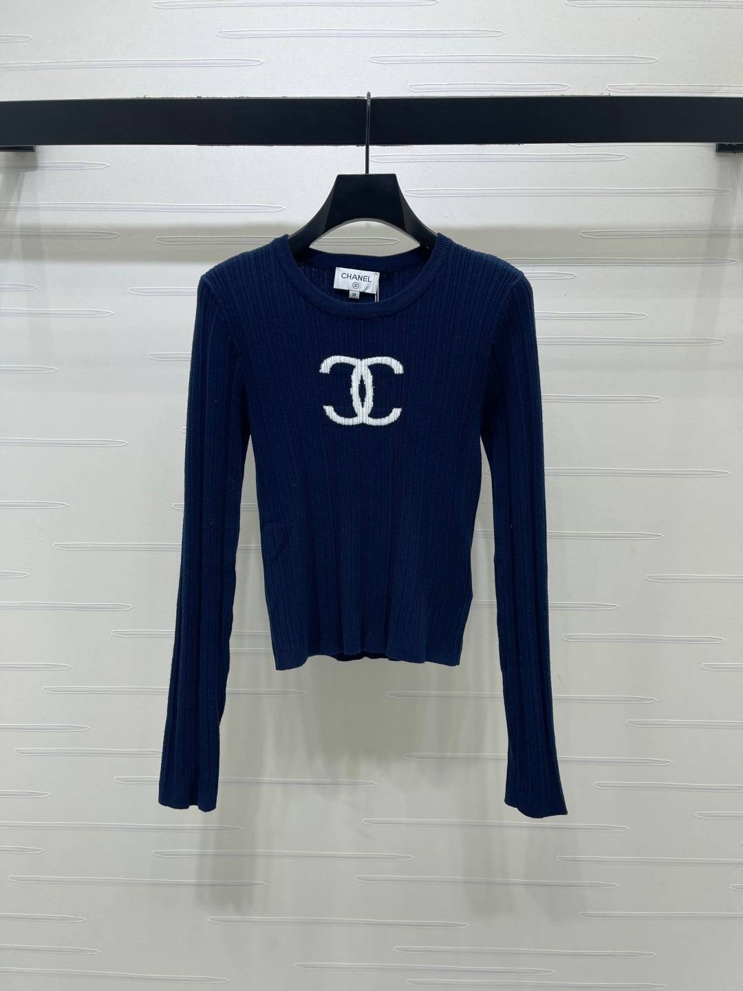 CHANEL シャネル リブニット 長袖 クルーネック 深藍