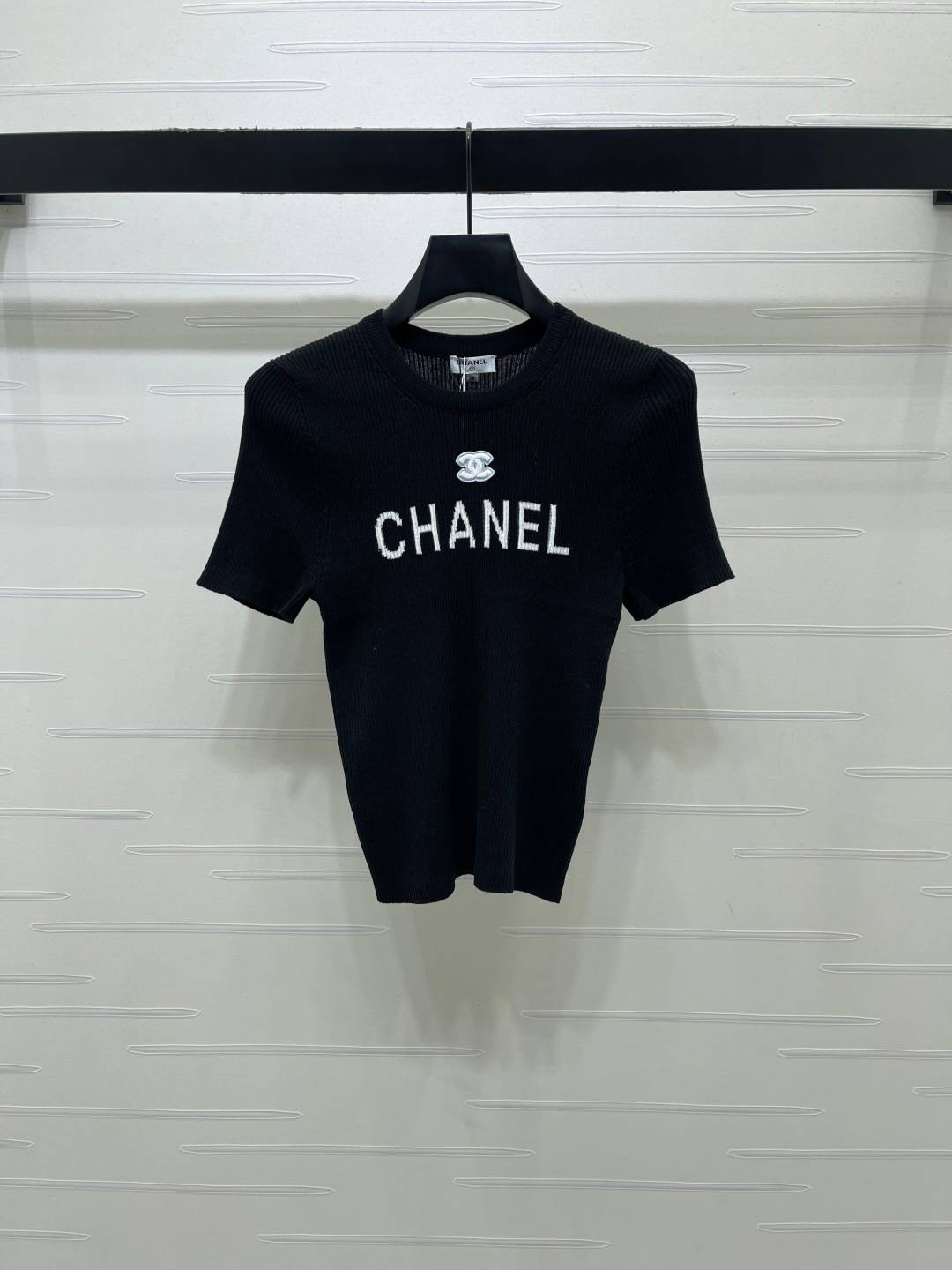 CHANEL シャネル リブニット 半袖 クルーネック ブラック