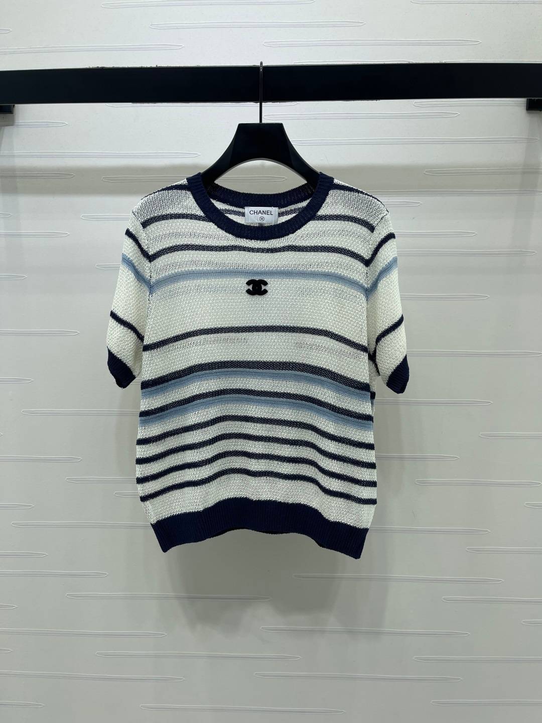 CHANEL シャネル ニット 半袖 クルーネック ストライプ ブルー