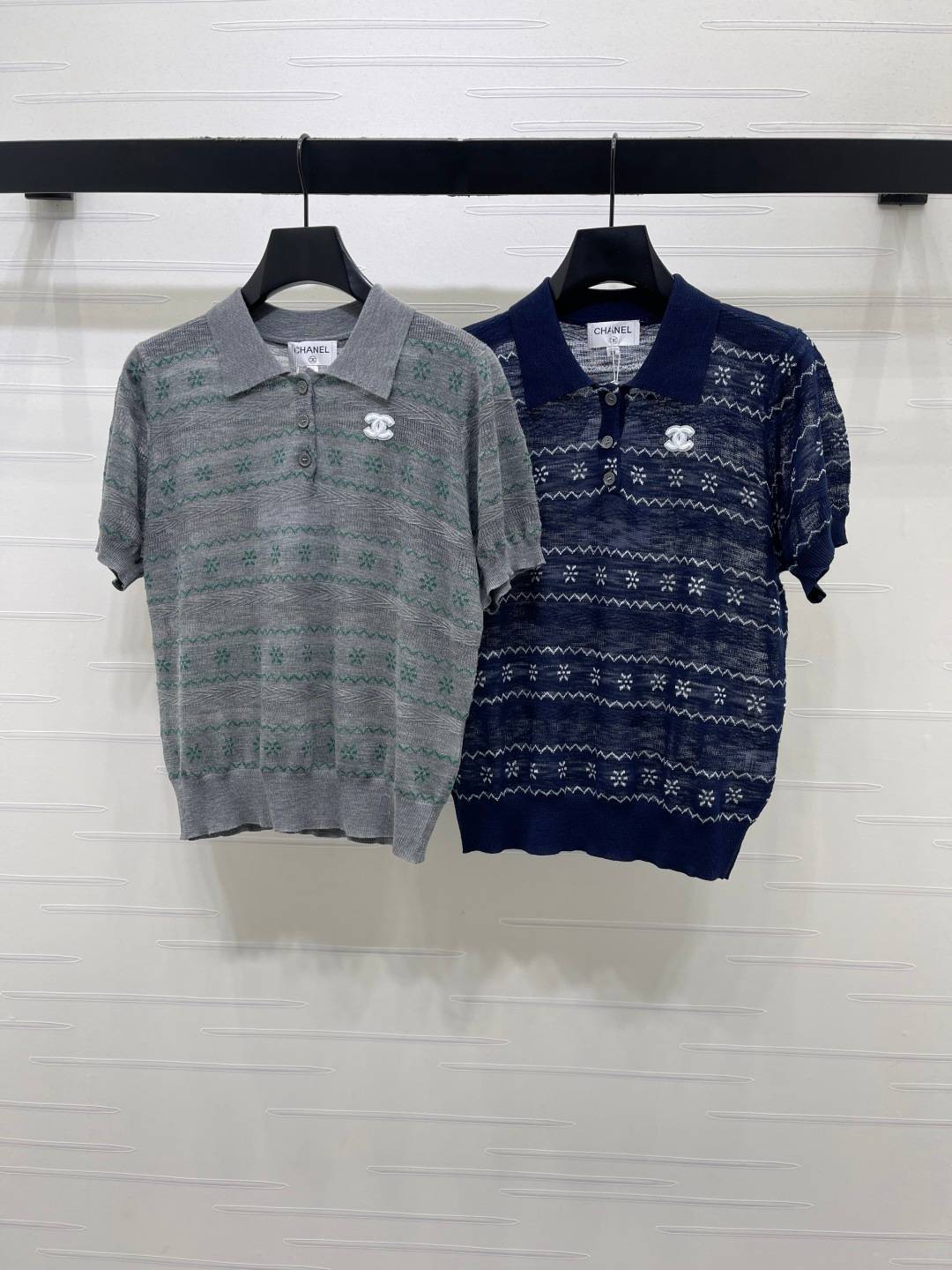 CHANEL シャネル ニットポロ ボタン 半袖 ショート丈 グレー ネイビー