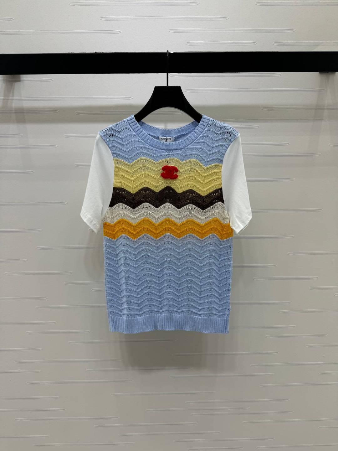 CHANEL シャネル ニットカーディガン 半袖 ウェーブ柄 ブルー