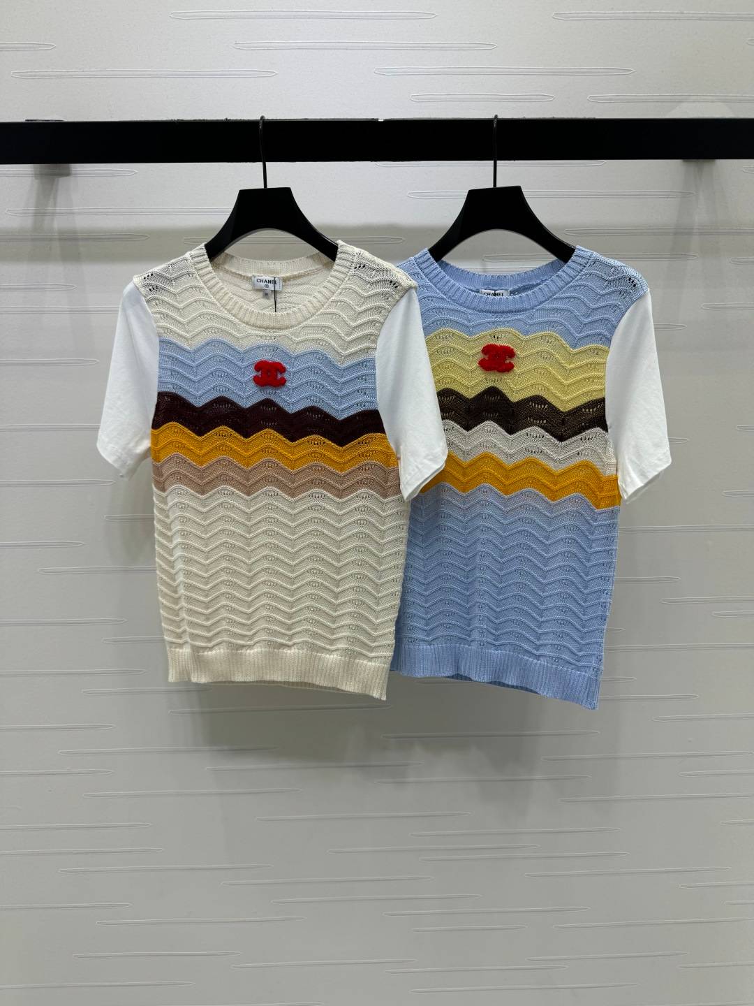 CHANEL シャネル ニット 半袖 クルーネック 波柄 ベージュ ブルー