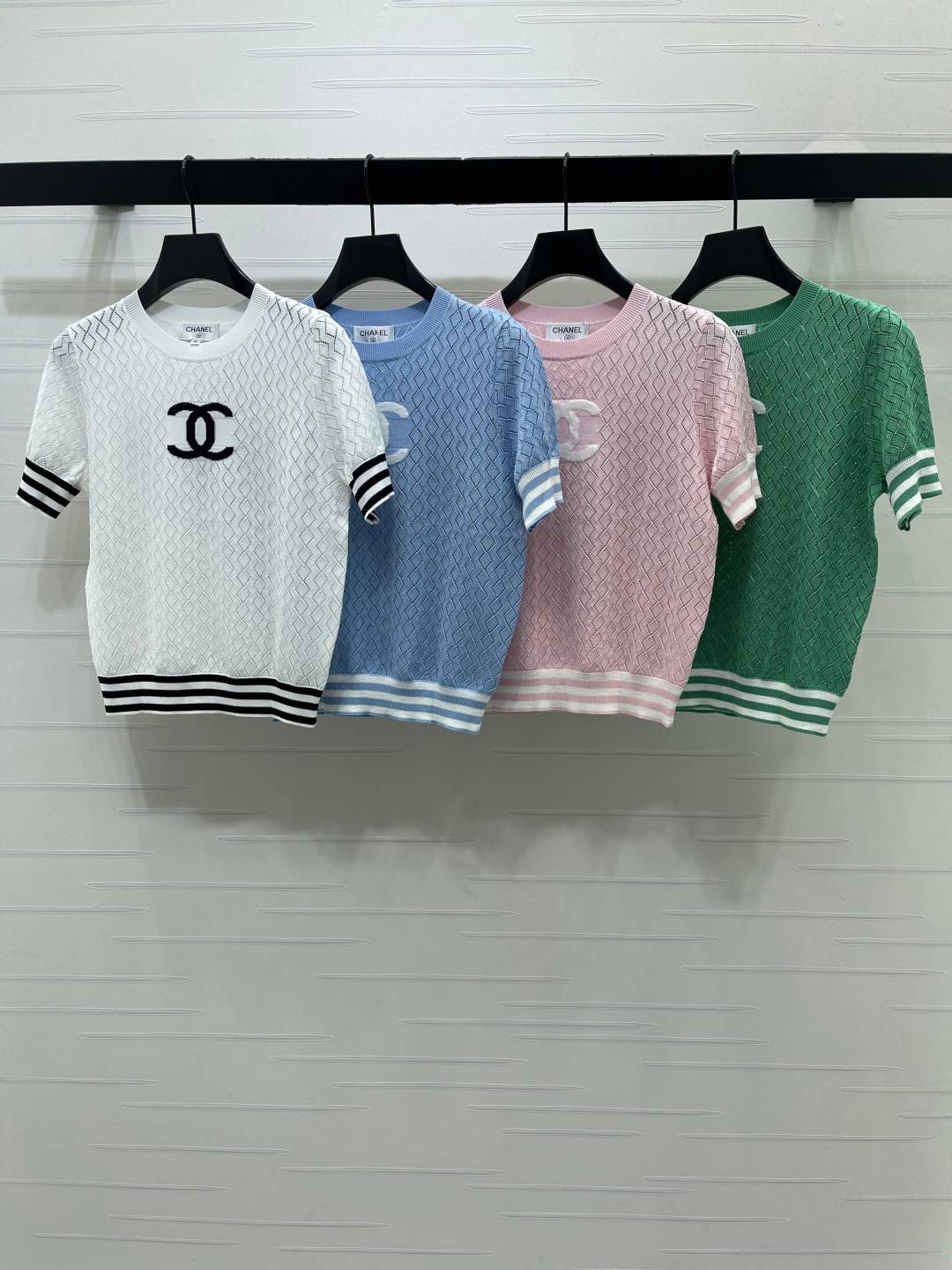 CHANEL シャネル ニット 半袖 クルーネック 菱形柄 ホワイト