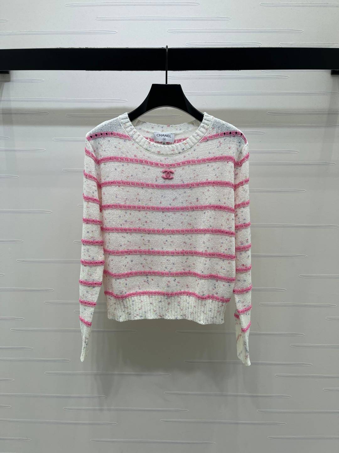 CHANEL シャネル ニット 長袖 クルーネック ストライプ ホワイトピンク