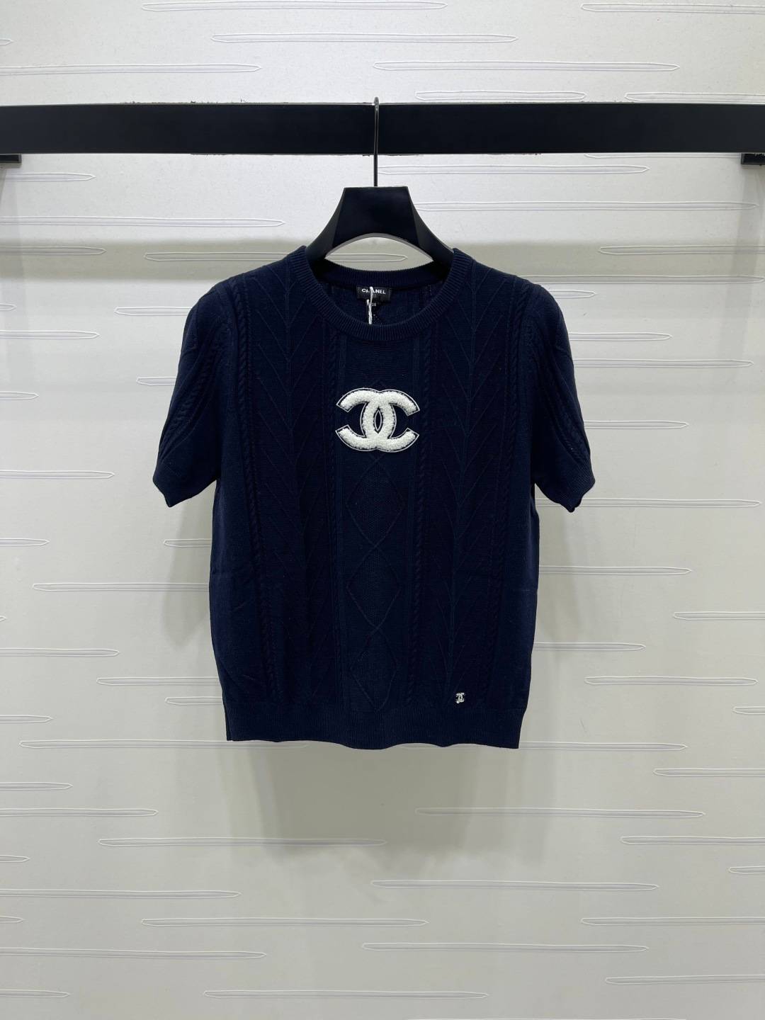 CHANEL シャネル ニット 半袖 クルーネック ダイヤ編み ブルー
