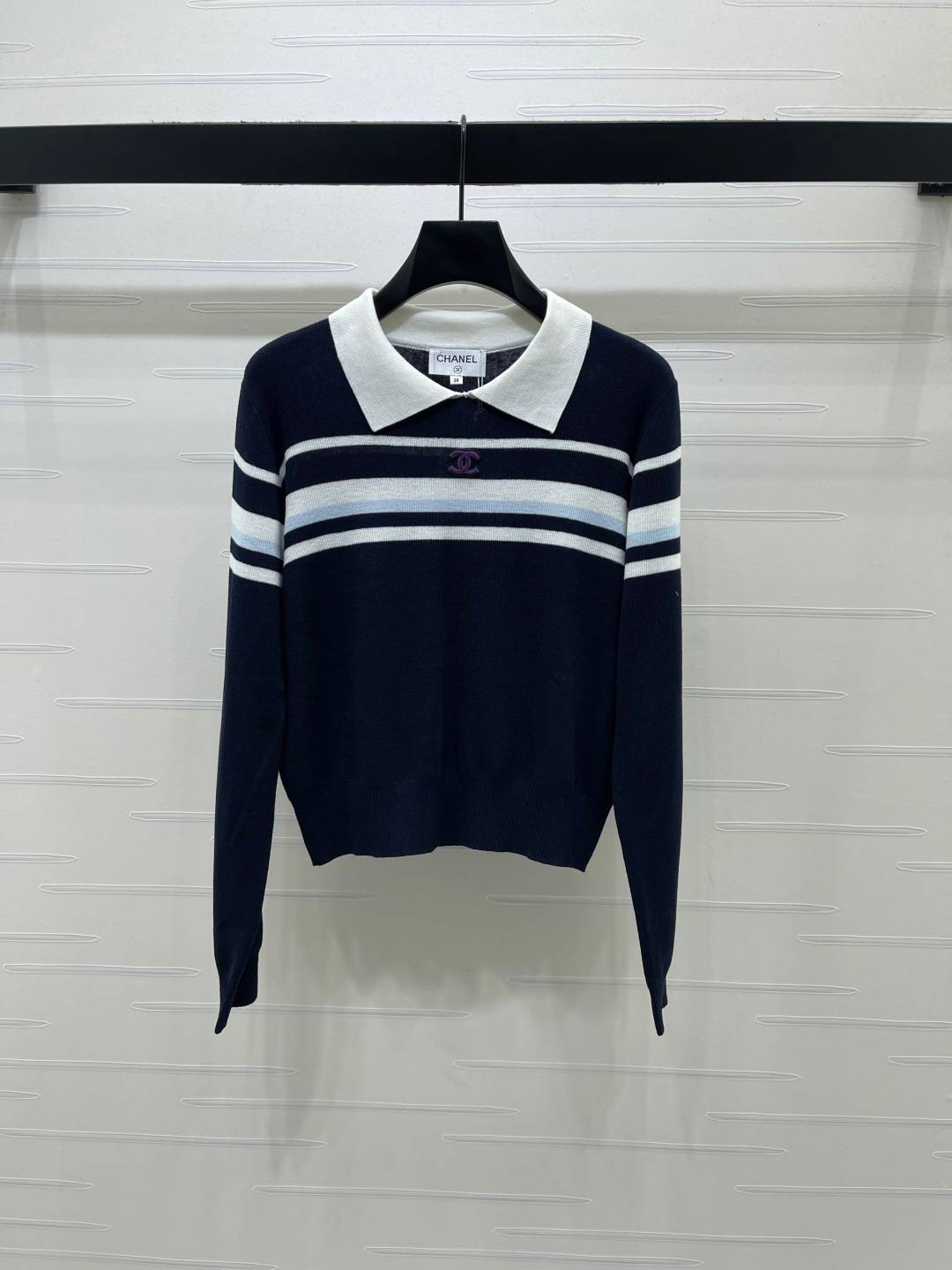 CHANEL シャネル ニットジャケット 長袖 ポロネック ストライプ ブラック
