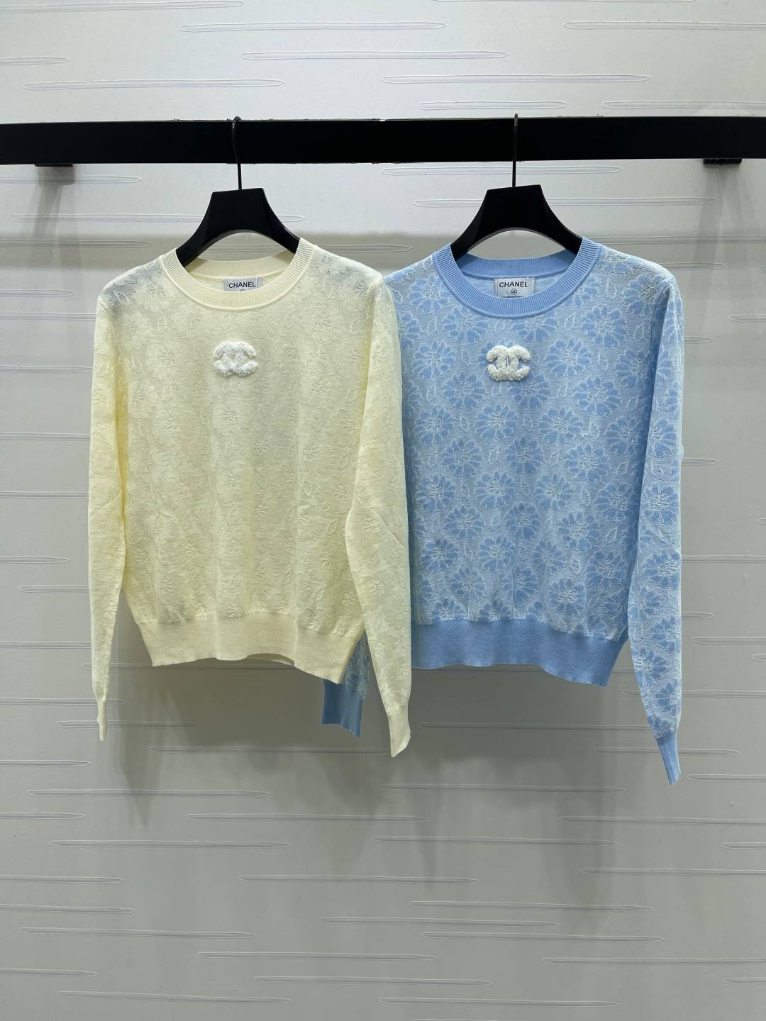 CHANEL シャネル ニット 長袖 クルーネック 羊毛混紡 イエロー ブルー