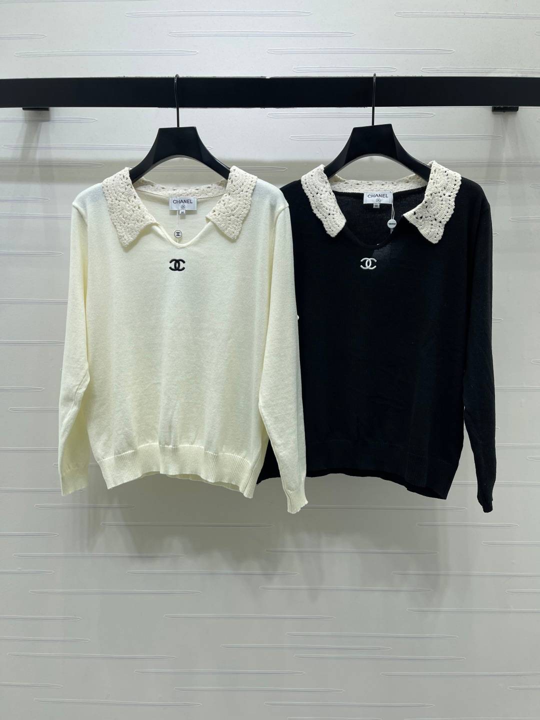CHANEL シャネル ニットカーディガン 長袖 フリル襟 ブラック ベージュ