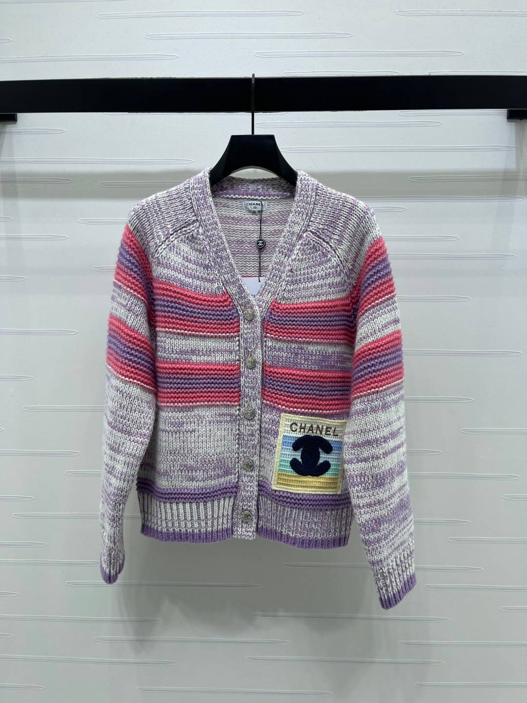 CHANEL シャネル ニットカーディガン 長袖 Vネック ピンク パープル