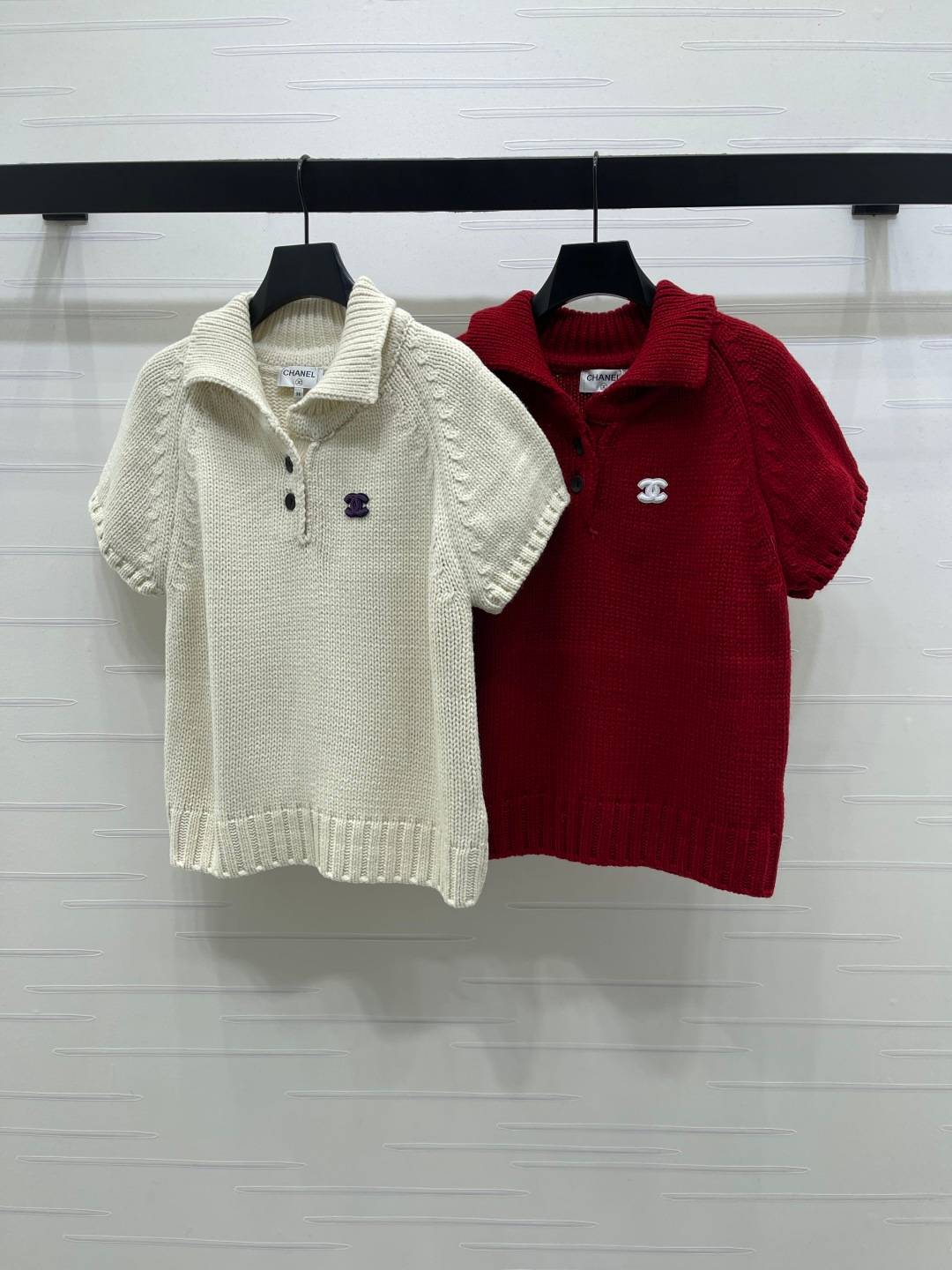 CHANEL シャネル リブニット 半袖 ボタン ブラック ベージュ