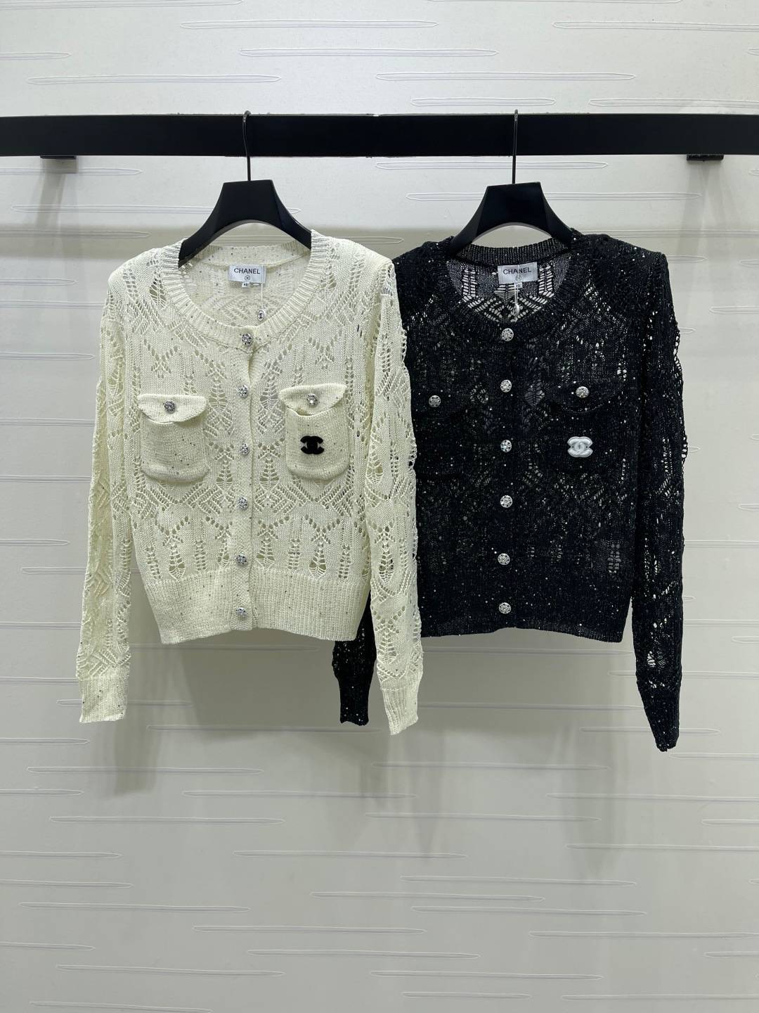 CHANEL シャネル ニットカーディガン レース編み ボタン 長袖 ベージュ ブラック