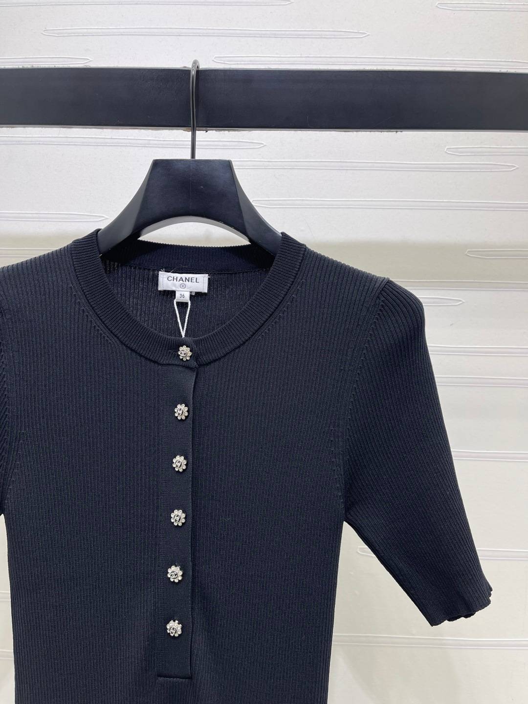 CHANEL シャネル リブニット 半袖 ボタン ブラック