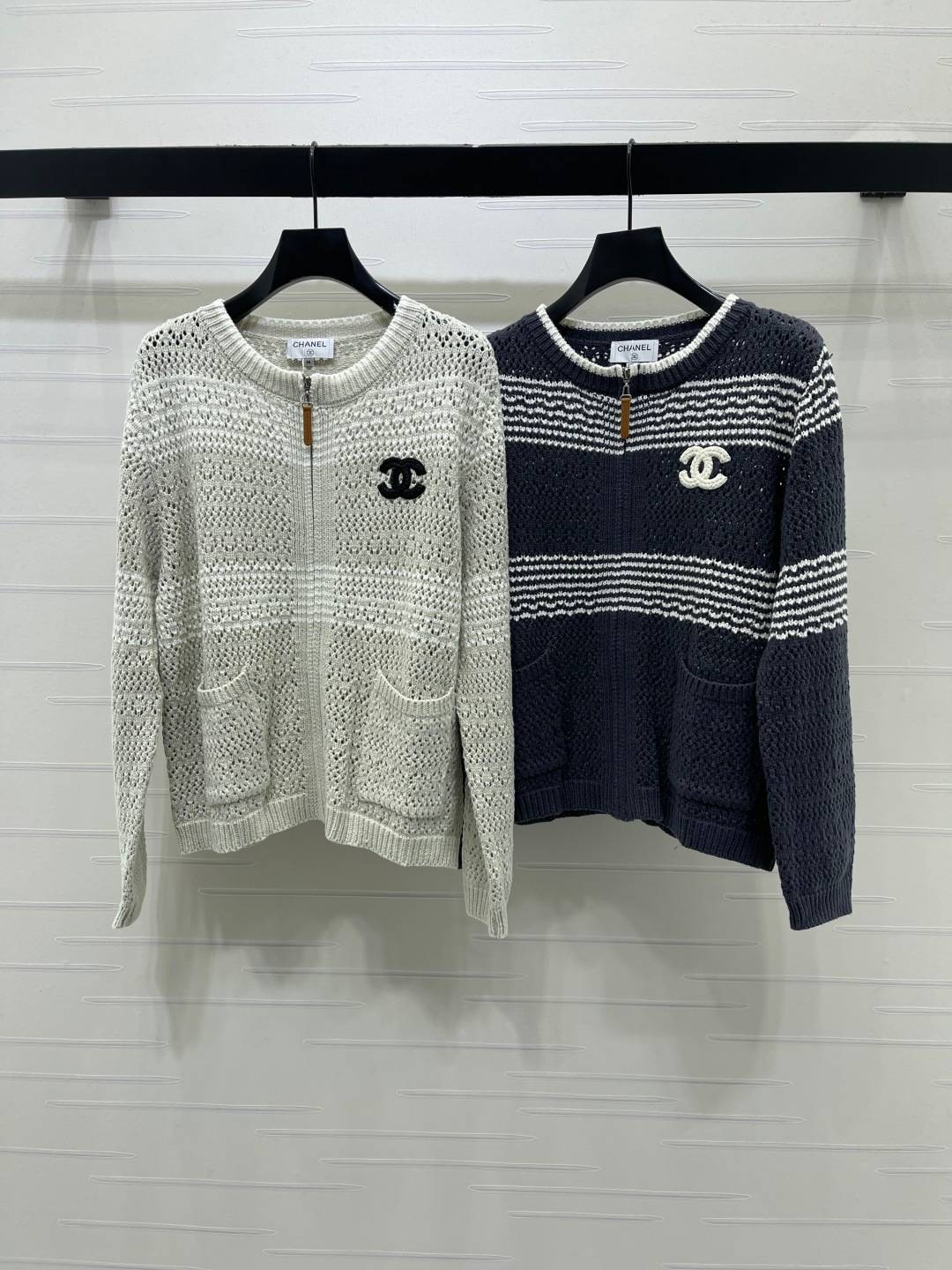 CHANEL シャネル ニットカーディガン 長袖 クルーネック ベージュ ネイビー
