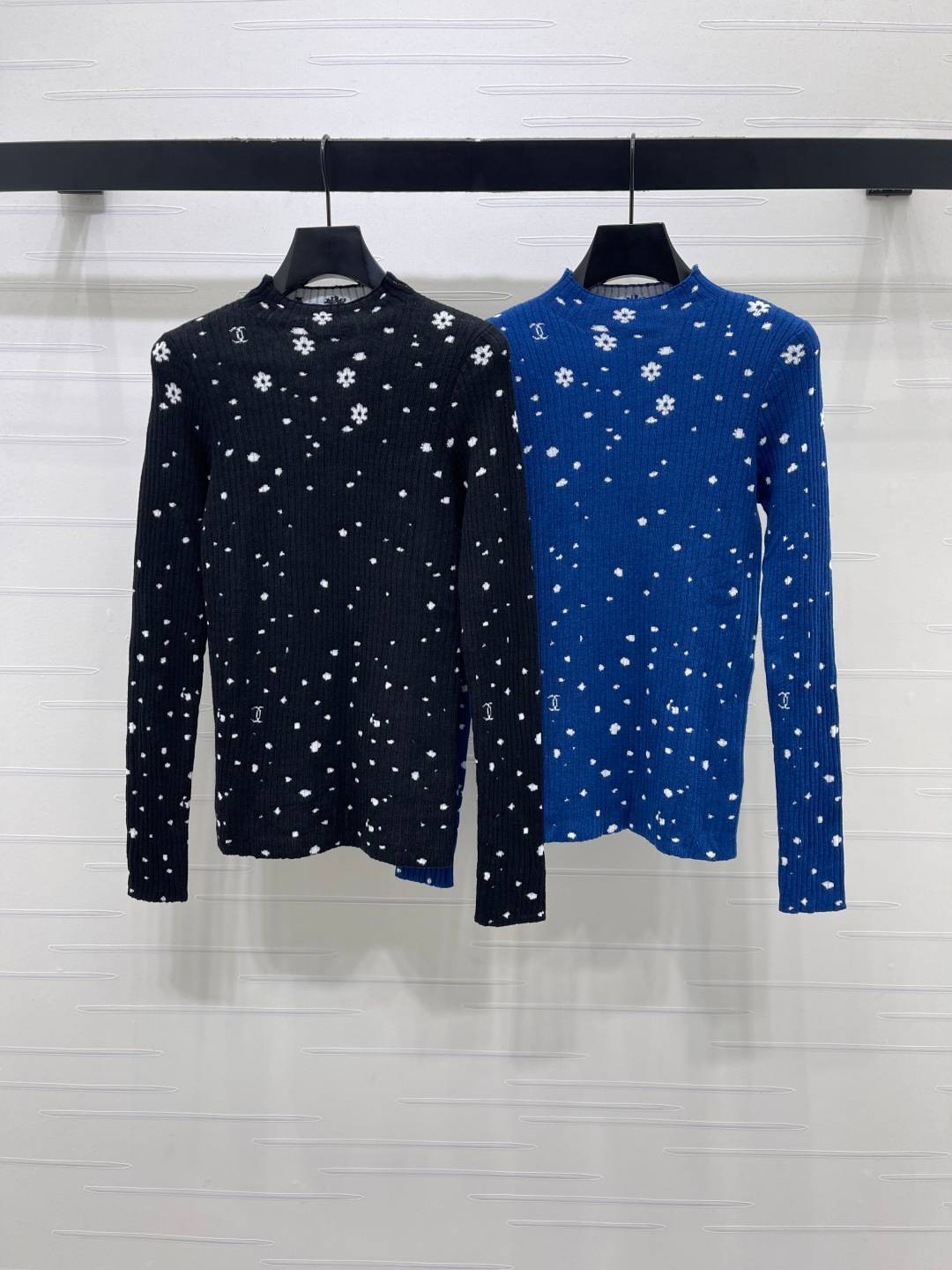 CHANEL シャネル リブニット 長袖 クルーネック レディース ブラック ブルー