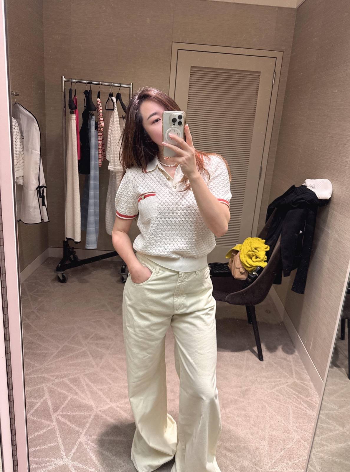 CHANEL シャネル 紐付き半袖ニットカーディガン ホワイト