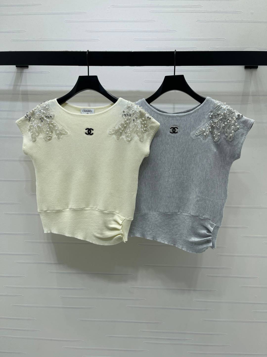 CHANEL シャネル クルーネック リブニット 半袖 ブラック ベージュ