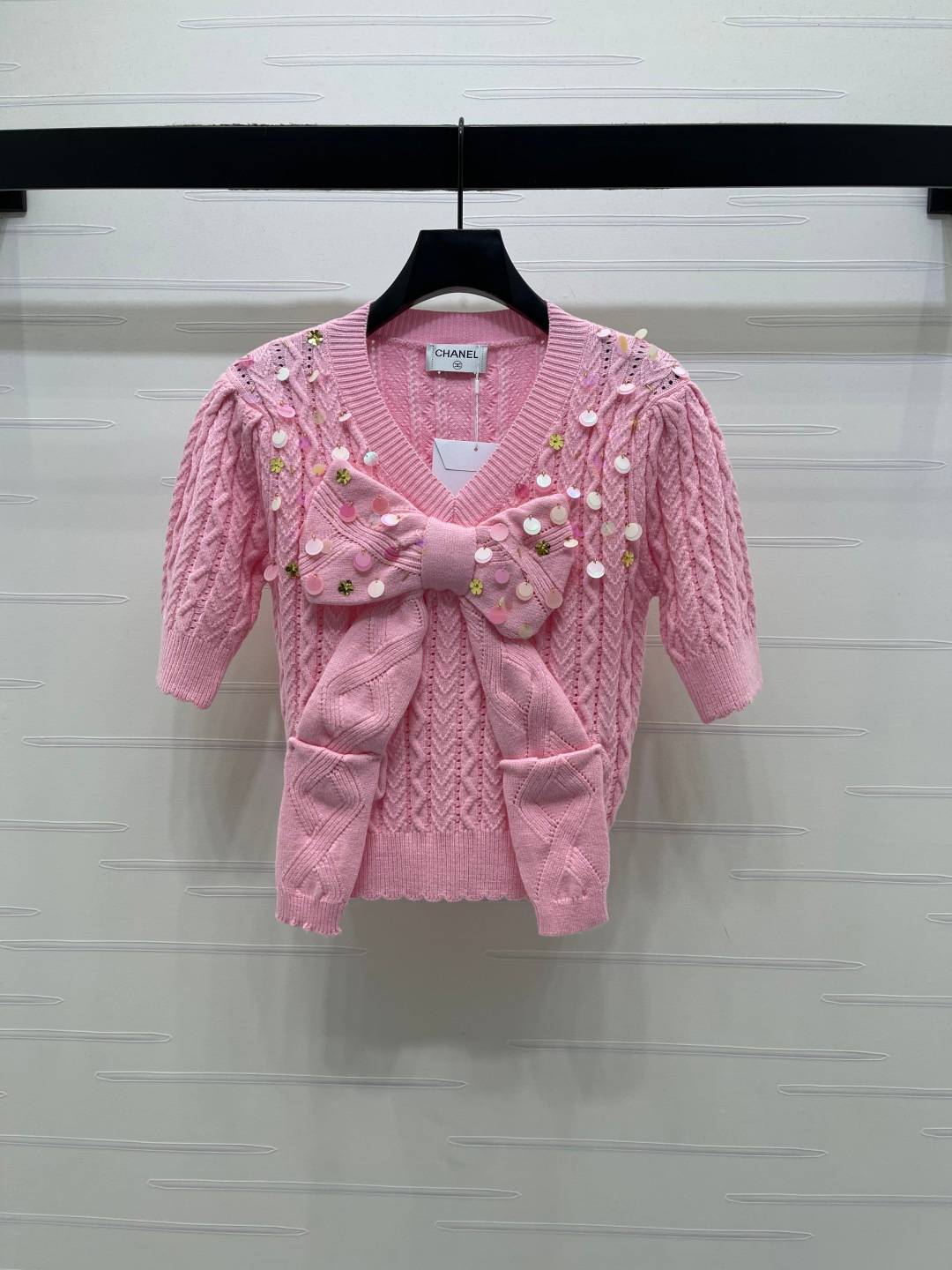 CHANEL シャネル ニットカーディガン Vネック 半袖 立体リボン ピンク