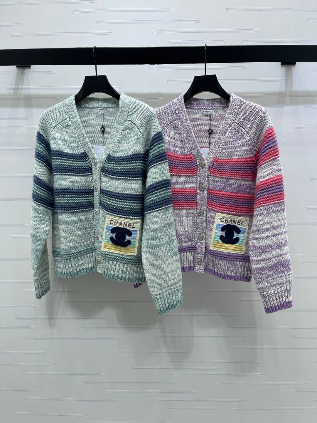 CHANEL シャネル ニットカーディガン Vネック ボタン 長袖 青緑 紫