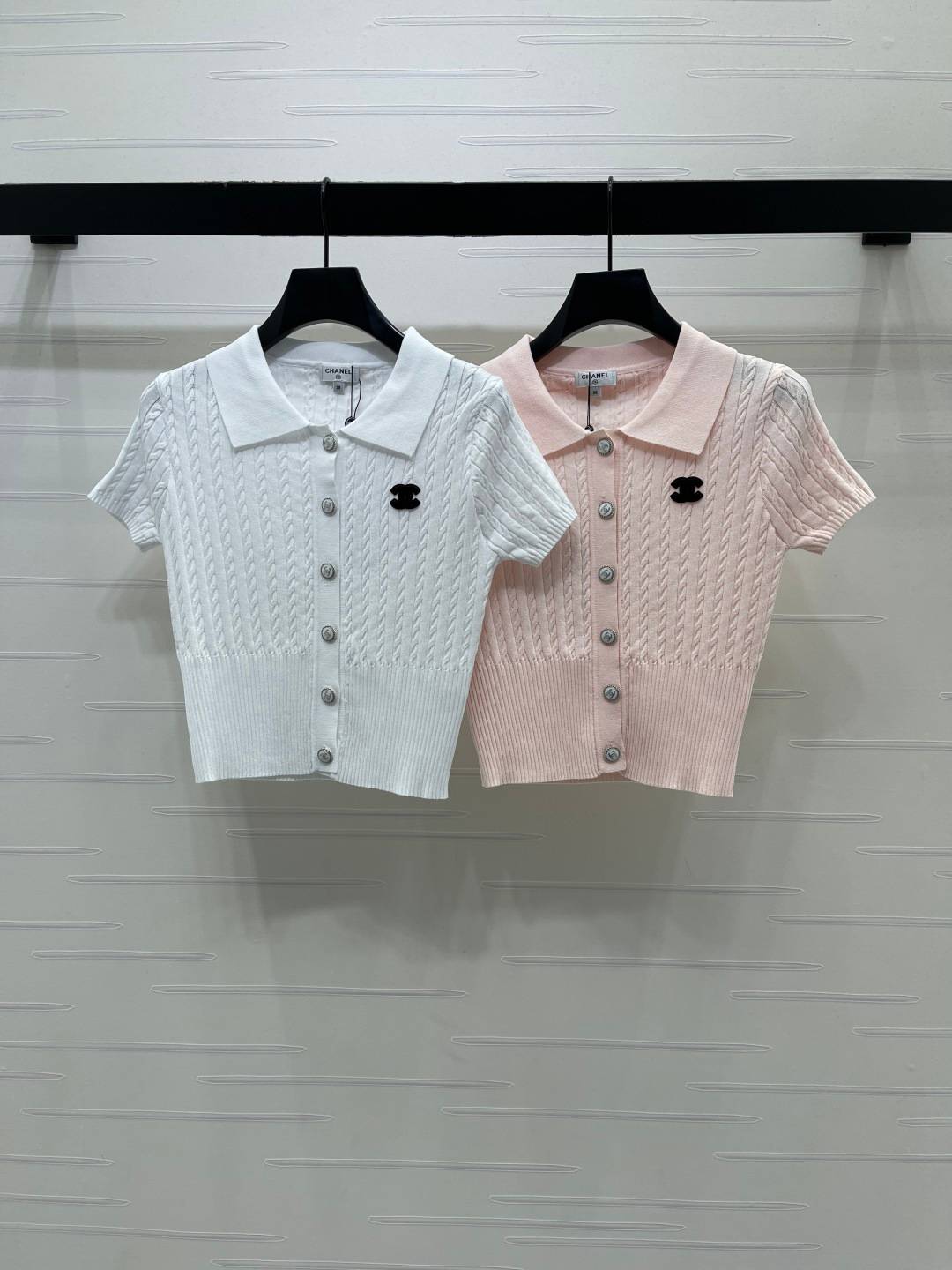 CHANEL シャネル ニットカーディガン 半袖 ボタン ショート丈 ホワイト ピンク