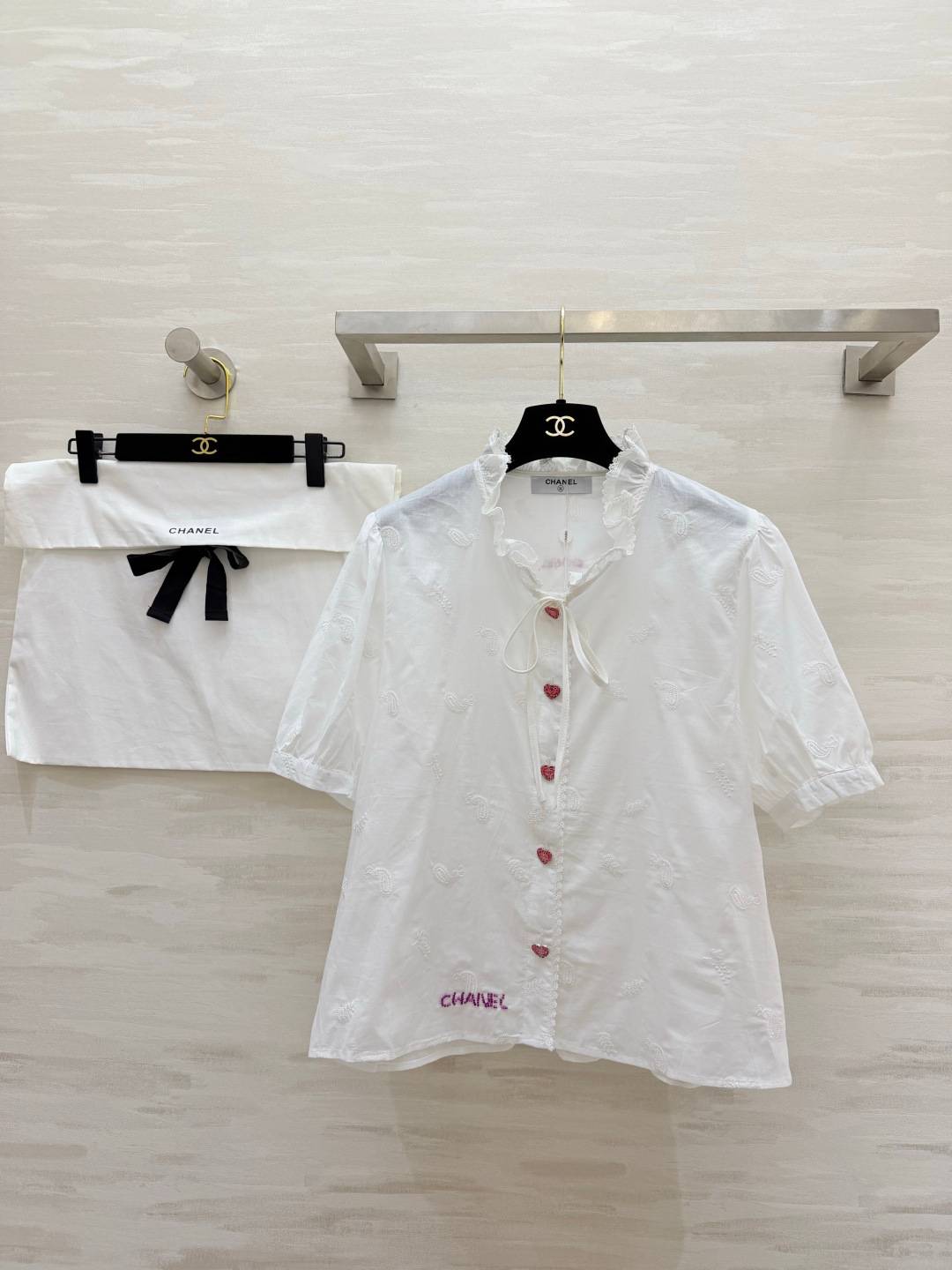 CHANEL シャネル フリルブラウス ロゴ 半袖 ホワイト