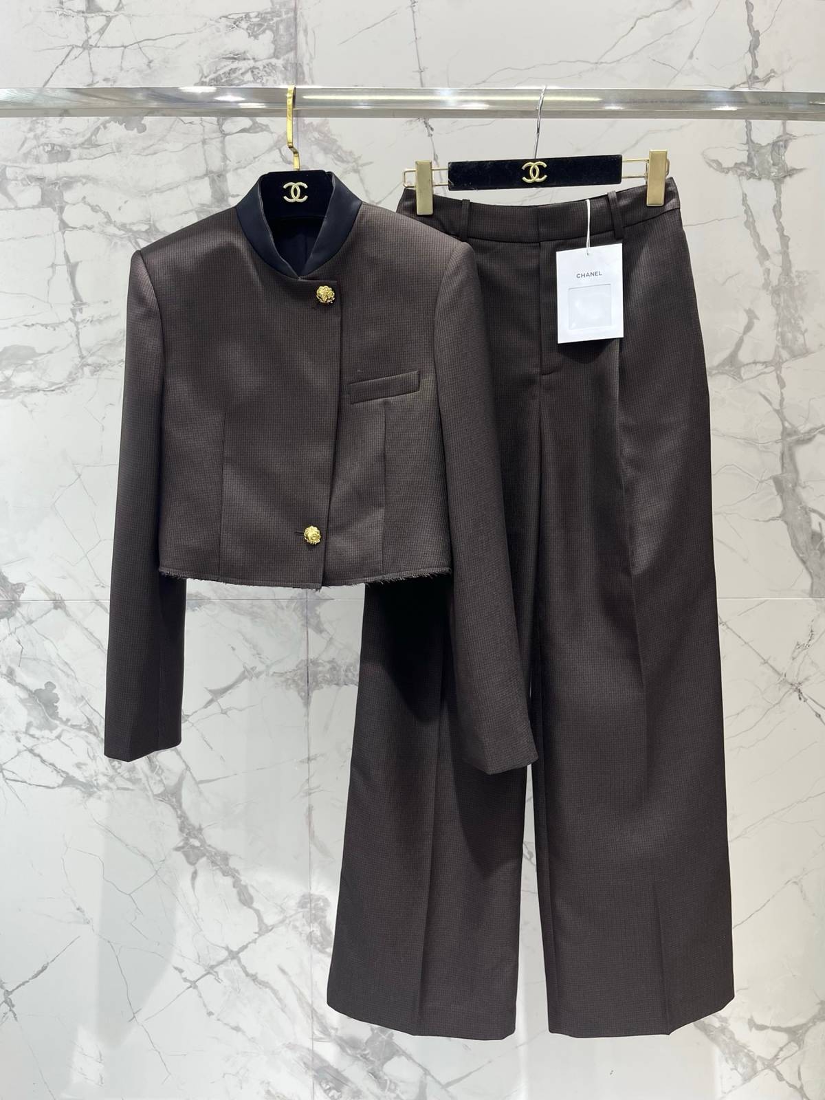 CHANEL シャネル ワイドパンツ ストレート チェック 通勤 ダークブラウン ベージュ