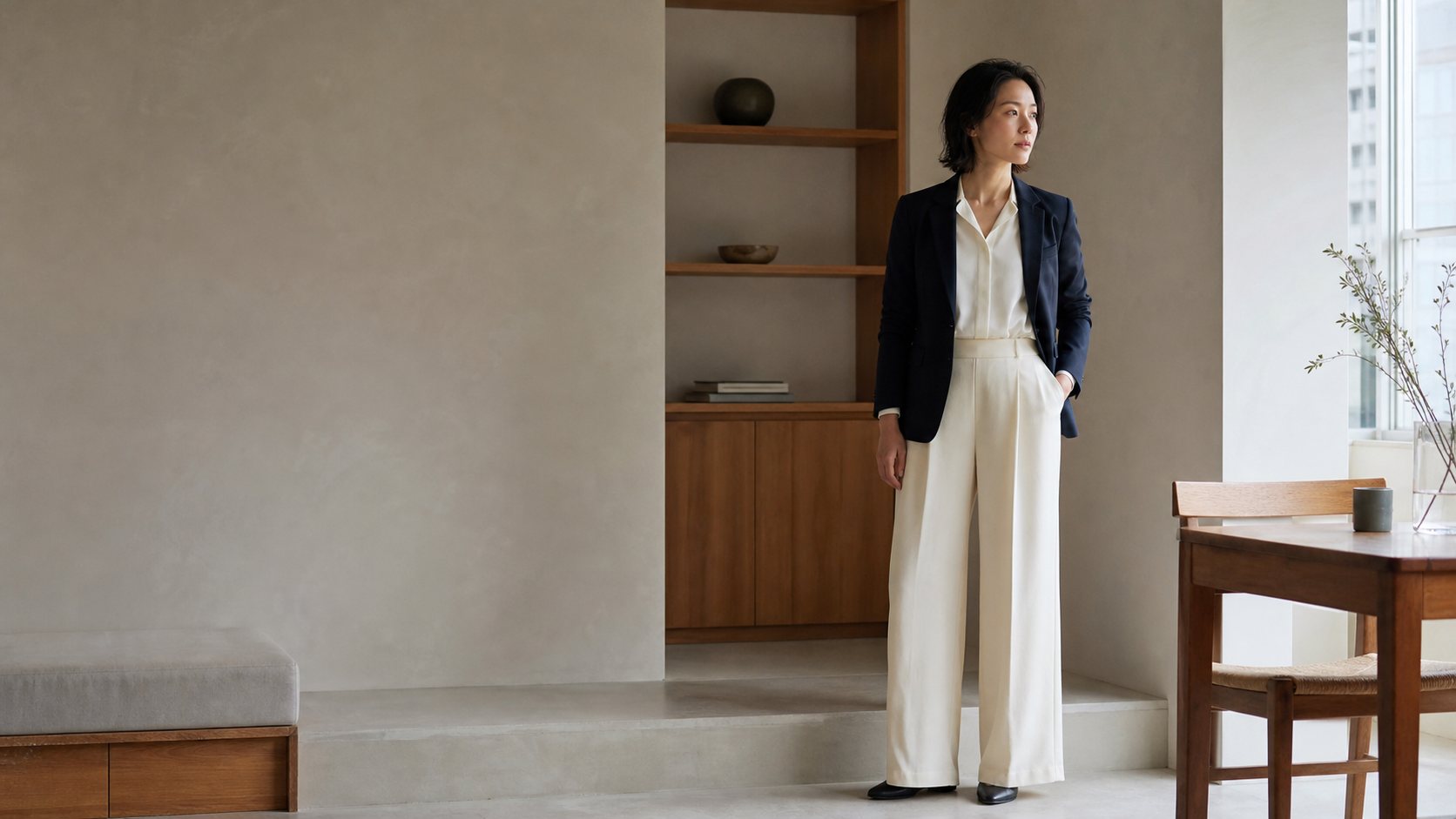 ネイビーとアイボリーの装いを着た女性